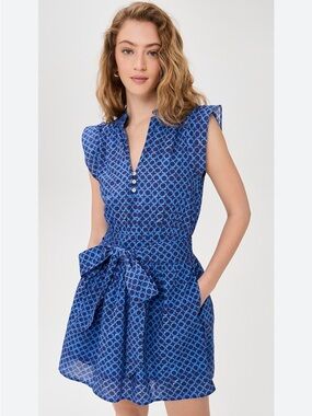 MAREA Liz Dress Blue Porto Cotton Mini Size Small Ruffle Sleeve